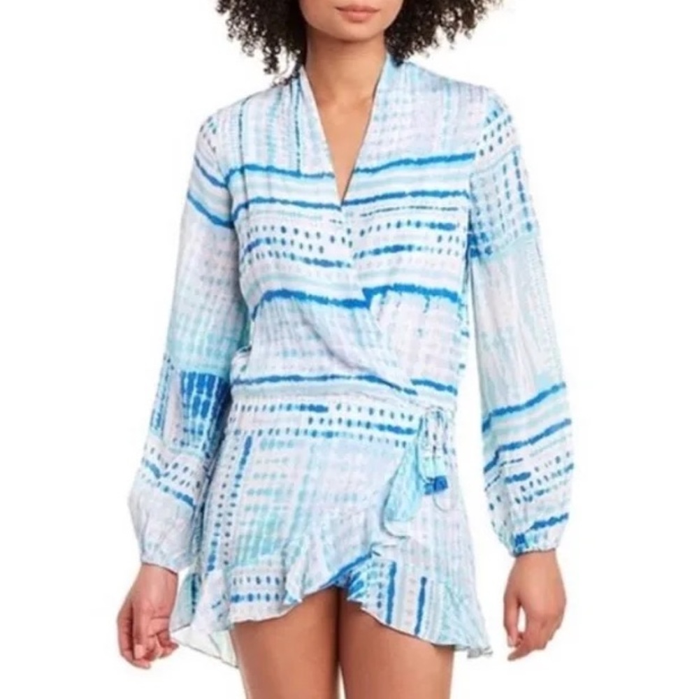 Rococo Sand Celine Wrap Tie Long Sleeve Mini Dress Small Blue White